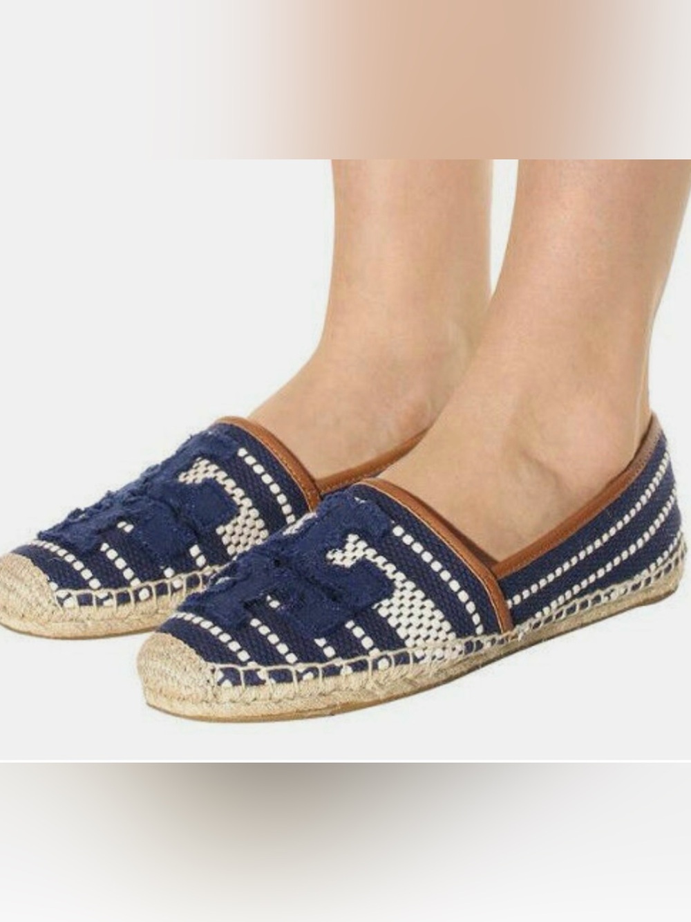 Tory Burch ‘Shaw’ Canvas and Jute Fray edge Logo Espadrille Flats Navy Cream - Picture 3 of 10